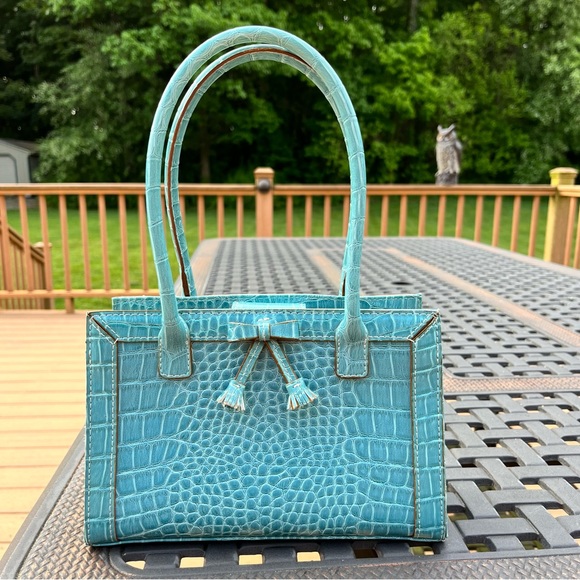 Liz Claiborne double handle faux leather snakeskin embosed turquoise purse - Picture 6 of 10